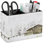 PU Leather Multi-Compartment Pen Holder Desktop Organizer Pencil Cup Storage Caddy for Office Home Supplies Winter Snow Covered The Forest, Wooden Houses in The Woods by Unknown