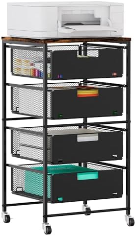 EasyPAG Rolling Storage Cart with 4 Drawers, Under Desk File Cabinet on Lockable Wheels, Moviable Hanging File Folder Organizer with Wooden Printer Stand for Home Office by EasyPAG