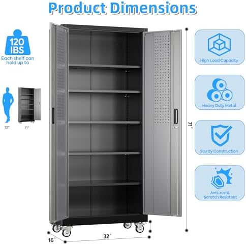 SUXXAN 71" H Metal Garage Storage Cabinet with Wheels,Pegboard,5 Shelves,BG - Image 3