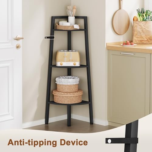 Hoctieon Corner Shelf, 3-Tier 40" Tall Corner Bookshelf, Rustic Ladder Shelf, Industrial Display Stand for Living Room, Kitchen, Home Office, Balcony, Small Space, Metal Frame, Black - Image 6