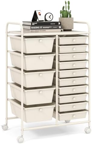 LDAILY 15 Drawer Rolling Storage Cart, Rolling Cart with Drawers for Classroom, Art Supply Craft Organizer on Wheel with Metal Frame & Handles for Home Office School by LDAILY