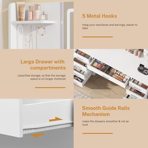 FIONESO Vanity Desk with Mirror and Lights, Makeup Vanity with 9 Drawers & Power Outlet, 5 Hooks & 6 Open Shelves, 3 Lighting Colors & Adjustable Brightness, White Vanity for Girls - Image 6