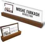 Artblox Personalized Office Desk Name Plate and Business Card Holder | Clear Acrylic Glass with Teak Wood Stand | Business Logo Customized with Your Name and Credentials Office Desk Décor by Artblox