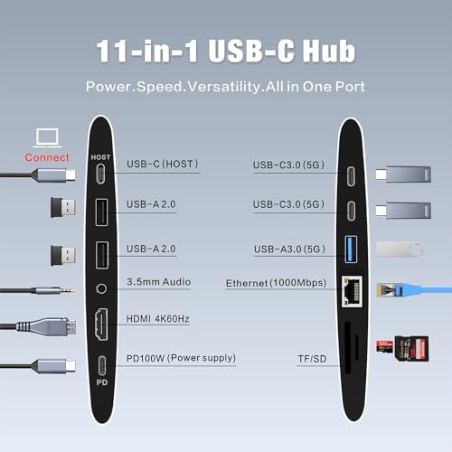 Adjustable Laptop Stand for Desk with Docking Station 11-in-1, Aluminum Laptop Riser with USB Hub 360°Swivel Dual Display 4K60Hz HDMI Gigabit Ethernet USB3.0 PD100W for MacBook Pro Air/Dell/HP 7-15.6" - Image 3