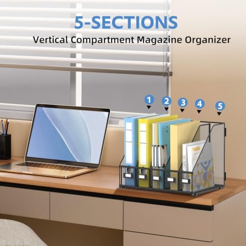 5 Vertical Compartments Magazine File Holder, Metal Binder Organizer, Black - Image 5