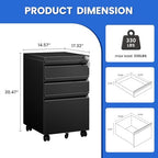 MIIIKO File Cabinet 3 Drawers on Wheels Under Desk, Black Metal Rolling File Cabinets with Lock for Home Office, Un-Assembled Filing Cabinet with Lock - Image 3