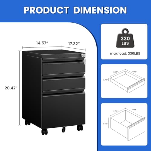 MIIIKO File Cabinet 3 Drawers on Wheels Under Desk, Black Metal Rolling File Cabinets with Lock for Home Office, Un-Assembled Filing Cabinet with Lock - Image 3