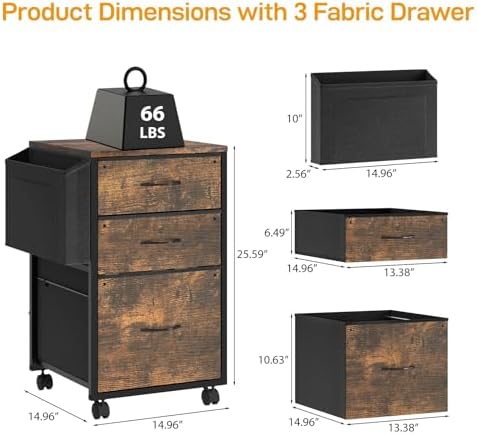 VINGLI 3 Drawer File Cabinet with Side Bag, Rolling File Cabinet Mobile Under Desk File Cabinet with Wheels, Fabric Drawers Printer Stand for Home Office, Fits Letter Size, Rustic Brown - Image 3