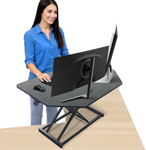 Aconcept 32 inch Black Corner Height Adjustable Standing Desk Converter, One-Click Sit to Stand up Desk Riser, Pre-Assembled for Dual Monitor and Laptop Workstation by Aconcept