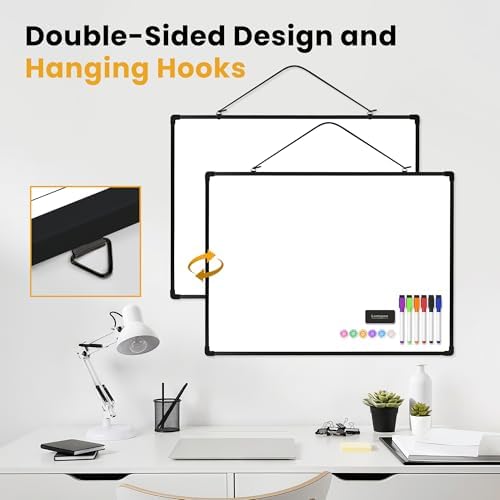 Dry Erase Board for Wall, 24" x 18" Double-Sided Hanging Magnetic Whiteboard with 6 Markers, 6 Magnets and 3 Mini Sticky Notes, Presentation Board for School, Home, Office, Black Frame - Image 4
