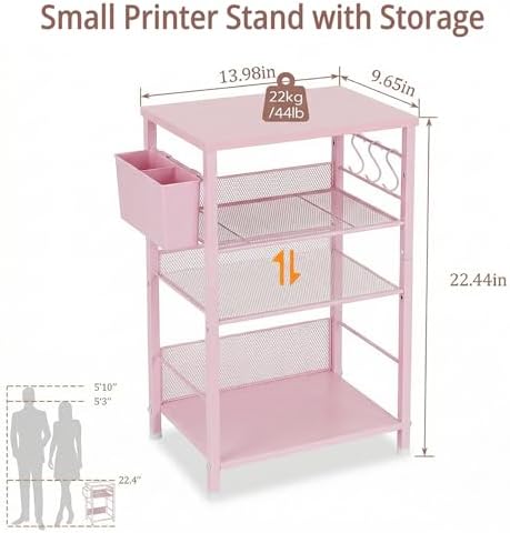 ECOLOVI Small 3 Tier Printer Stand for Under Desk, Height Adjustable Shelf Printer Table with 3 S-Hooks & Basket, Heavy Duty Industrial Storage Shelf for Home Office (Deep Pink) - Image 2