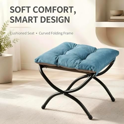 15" Upholstered Folding Foot Rest Stool with Foldable Metal Frame Blue - Image 6
