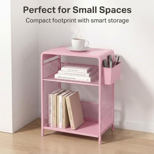 ECOLOVI Small 3 Tier Printer Stand for Under Desk, Height Adjustable Shelf Printer Table with 3 S-Hooks & Basket, Heavy Duty Industrial Storage Shelf for Home Office (Pink) - Image 3