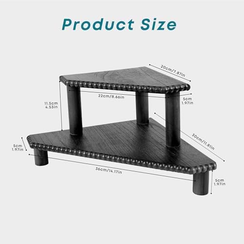 2-Tier Rustic Corner Shelf for Kitchen Counter,Wood Beaded Farmhouse Countertop Organizer with Removable Feet, Stackable Bathroom Vanity & Coffee Bar Decorative Riser Stand(Rustic Black) - Image 3