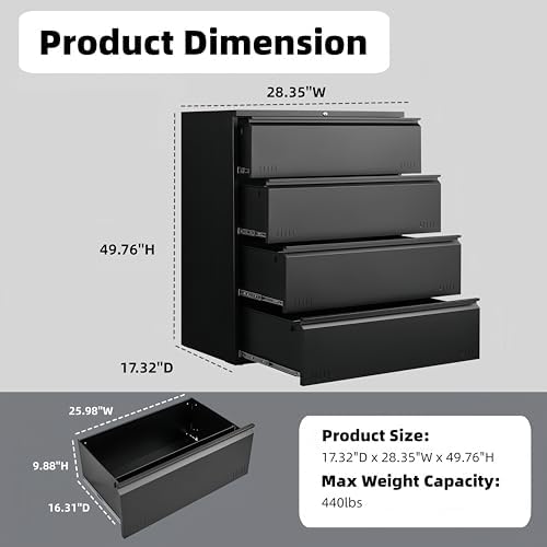 Approgreent Lateral 4 Drawer File Cabient with Lock, Metal Filing Cabinets for Home Office, Heavty Duty Office Storage Cabinet for A4/Letter/Legal (Matte Black) - Image 2