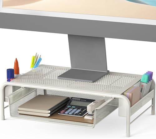 Simple Houseware Metal Desk Monitor Stand Riser w/ Organizer Drawer, White by SimpleHouseware