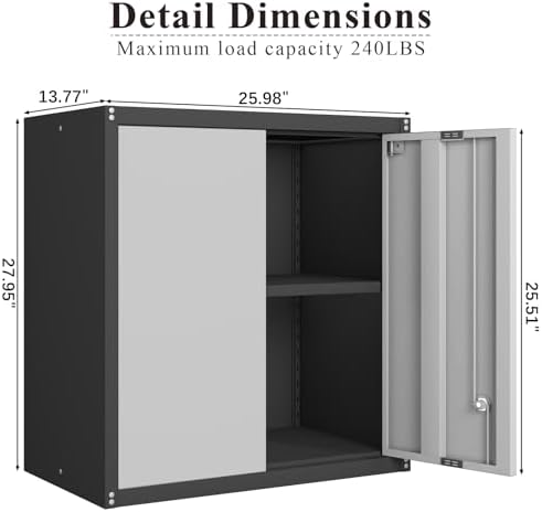 Locking Metal Wall Cabinet, 28" Metal Storage Cabinets with Doors and Shelf, Steel Garage Locker Mounted Small Tool Chest for Home Office, Kitchen, Pantry - Image 3