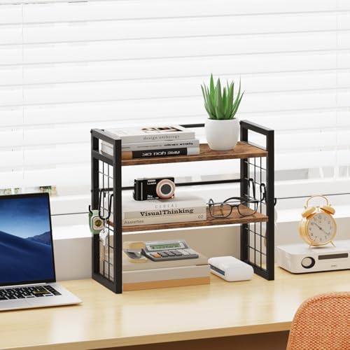 ELITEROO Desktop Shelf Organizer, 2 Tier Wood Desk Bookshelf, Rustic Brown - Image 2