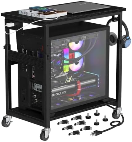 Snughome Oversized Computer Tower Stand with Extended Top & Charging Station, 25.2''-36.2'' Height-Adjustable PC Tower Stand, Rolling CPU Cart with Lockable Wheels for Office Home Gaming by Snughome