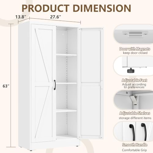 White Metal Storage Cabinet, 63" Kitchen Pantry Cabinets for Office - Image 2