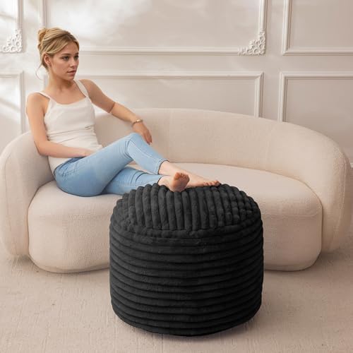 HIGOGOGO Round Stuffed Pouf Ottoman, Corduroy Poufs with High-Density Foam Filling, Furry and Fluffy Pouf Foot Stool Storage Ottoman, 20 X 15 Floor Poufs Foot Rest for Living Room, Black - Image 2