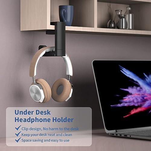 Headphone Stand, 360 Degree Rotation Headset Hanger Holder, Adjustable Gaming Headphone Hook Under Desk Mount Headset Clamp with Cable Organizer Clip (Black) - Image 3