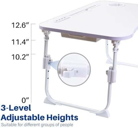 Laptop Desk for Bed, Height Adjustable Laptop Bed Table, Foldable Portable Lap Desk Stand with USB/Storage Drawer/Cup Holder/Slot, Breakfast Tray for Working Reading Writing Eating, White - Image 3
