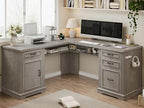 Jocoevol Farmhouse L Shaped Executive Desk with 4 Drawers and Charging Station, Wood Corner Home Office Computer Desk with File Cabinet Storage, Hidden Under Desk Storage Shelf, Headphone Hook - Grey by JOCOEVOL