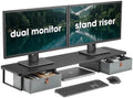 DuoStand Plus - 39” Dual Monitor Riser for Desk with 2 Drawers - Wood & Steel Double Monitor Stand with Storage - Desk Organizer Shelf for Desktop Computer, Laptop, TV & Printer (Matte Black) by Deskello