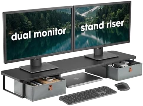 DuoStand Plus - 39” Dual Monitor Riser for Desk with 2 Drawers - Wood & Steel Double Monitor Stand with Storage - Desk Organizer Shelf for Desktop Computer, Laptop, TV & Printer (Matte Black) by Deskello