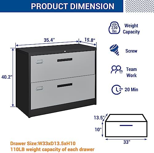 Fesbos 2 Drawer Lateral File Cabinet with Lock, Metal Steel Filling Cabinets for Home Office, Lockable Storage Cabinet for Hanging Files Letter/Legal/F4/A4 Size-Assembly Required - Image 2