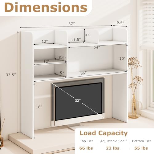 BECOMFORT Desk Hutch, Desk Organizer Shelf w/ 6 Storage Compartments, up to 32” Monitor, Wooden Display Rack, Desktop Bookshelf for Vanity Dressing Tabletop College Dorm Home & Office - Image 3