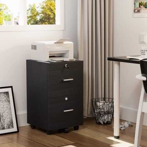 VINGLI 2-Drawer File Cabinet with Lock, Small Rolling Wood Filing Cabinet for Hanging Letter Size Filings with Tabs, Mobile Under Desk File Organizer for Home Office, Classic Black, 27.2" H - Image 2
