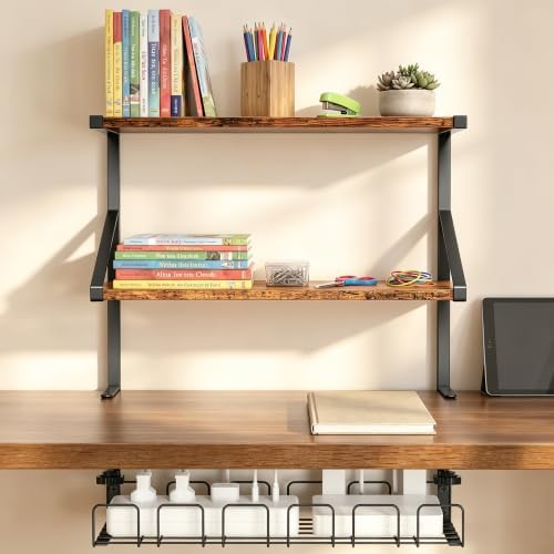 Clamp on Desk Shelf, 19in 3-Tier Desk Shelves Organizer with Under-Desk Hidden Storage Basket, Desktop Supplies Storage Rack for Home Workspace, Study Rooms,Gaming Devices - Image 2