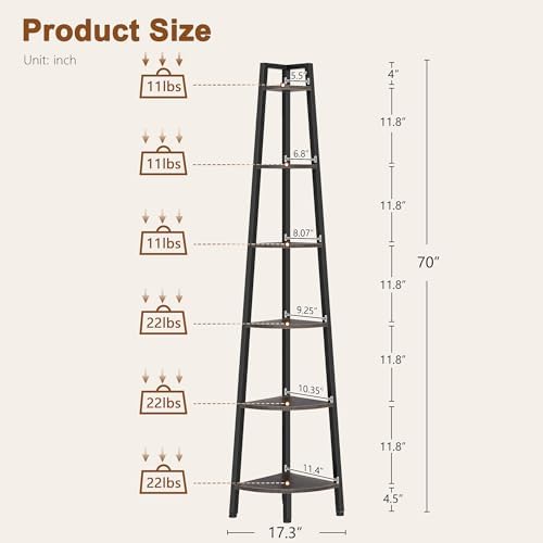Hoctieon Corner Shelf, 6-Tier Corner Bookshelf, Rustic Ladder Shelf, Industrial Display Stand for Living Room, Kitchen, Home Office, Balcony, Small Space, Metal Frame, Grey - Image 2