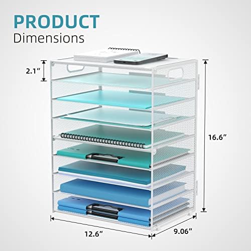 9-Tier Paper Organizer for Desk, Metal Mesh Letter Tray with Handles, White - Image 3