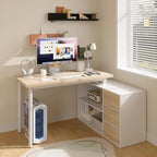 Bobve L Shaped Computer Desk, 47 Inch Home Office Desk with File Drawers & Storage Shelves, Small Corner Computer Desk for Small Space (White + Walnut) - Image 3