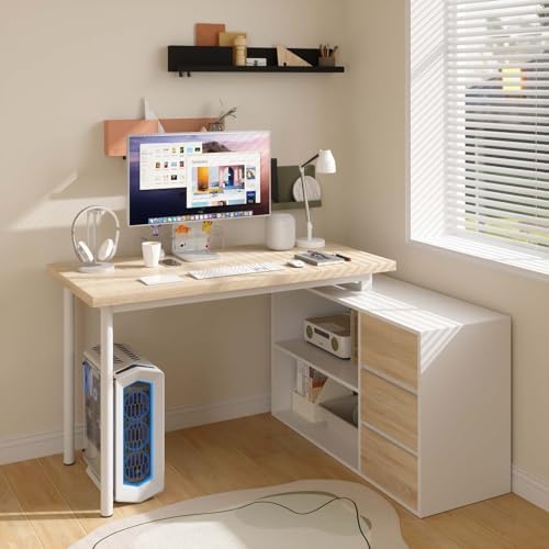 Bobve L Shaped Computer Desk, 47 Inch Home Office Desk with File Drawers & Storage Shelves, Small Corner Computer Desk for Small Space (White + Walnut) - Image 3