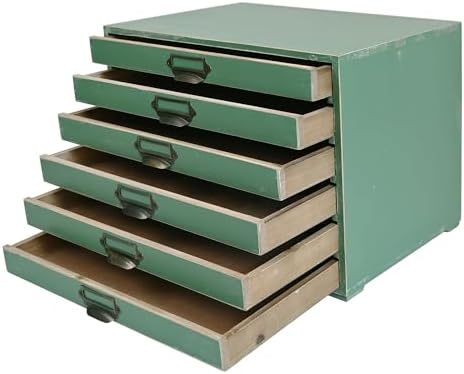 Vintage 6-Drawer Wooden Desktop Organizer Cabinet, Rustic Distressed Wood Card Catalog Cabinet, Antique Storage Box for Jewelry Cosmetics Craft Paper Home Office Decor (Green) - Image 6