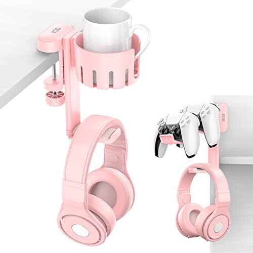 KDD Rotatable Headphone Hanger - 3 in 1 Under Desk Clamp Controller Stand Replaceable Cup Holder - Compatible with Universal Headset, Controller, Cup(Pink) by KDD
