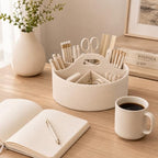 Aesthetic PU Leather Rotating Desk Storage Organizer, Beige - Image 4