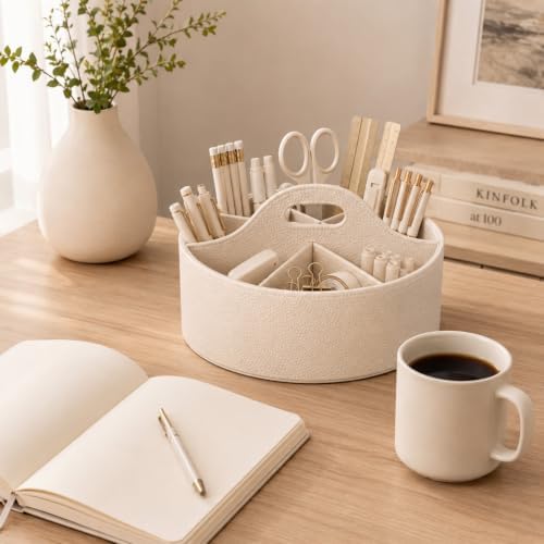 Aesthetic PU Leather Rotating Desk Storage Organizer, Beige - Image 4