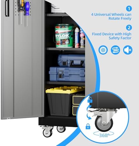 SUXXAN 71" H Metal Garage Storage Cabinet with Wheels,Pegboard,5 Shelves,BG - Image 7