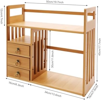 Bamboo Desktop Bookshelf, Organizer Office Desk Storage Display Shelf Rack with 3 Drawers Desk File, Office Counter Top Bookcase for Home School - Image 2