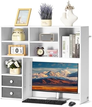 VEVOR Desktop Bookshelf, 3-Tier Desktop Storage Organizer, 37" x 10" x 31.1" Office Storage Rack Wood Display Shelf, Desktop Bookshelf Hutch with 2 Fabric Drawers, for Office, Home & Dorm, White by VEVOR