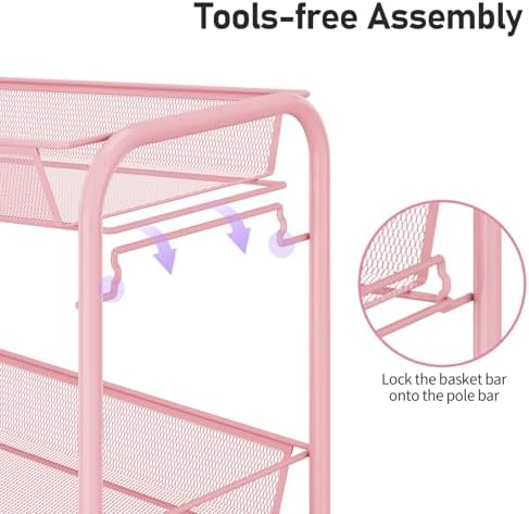 TOOLF 3 Tier Rolling Cart, Metal Utility Storage Cart with Wheels, Pink - Image 3