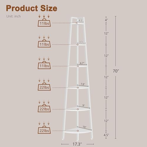 Hoctieon Corner Shelf, 6-Tier Corner Bookshelf, Rustic Ladder Shelf, Industrial Display Stand for Living Room, Kitchen, Home Office, Balcony, Small Space, Metal Frame, White - Image 2