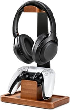 Solid Wood Metal Headphone Stand with Modular Controller Holder for Desk by HUMANCOZY