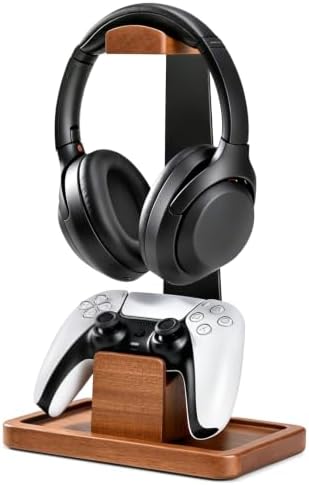 Solid Wood Metal Headphone Stand with Modular Controller Holder for Desk by HUMANCOZY