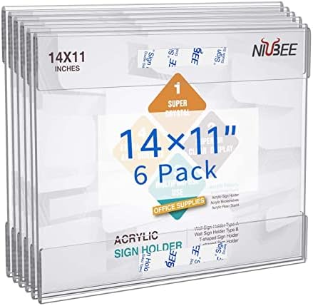NIUBEE Acrylic Sign Holder 14x11 Inches Horizontal, Clear Plastic Wall Mount Sign Holder Poster Paper Holder with Double Sided Adhesive Tape for Office, Home, Store, Restaurant-No Drilling(6 Pack) by NIUBEE